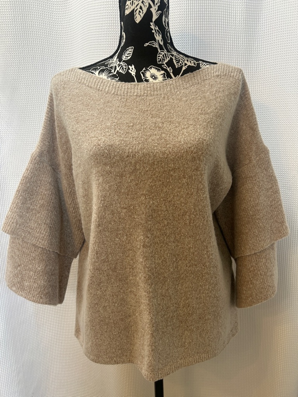 Wishlist Boat Neck Double Ruffle Sleeves Sweater in Oatmeal Tan Women S / M